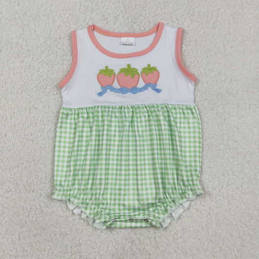 RTS Baby Girls Sleeveless Embroidery Strawberry Bows Green Plaid Bubble Romper