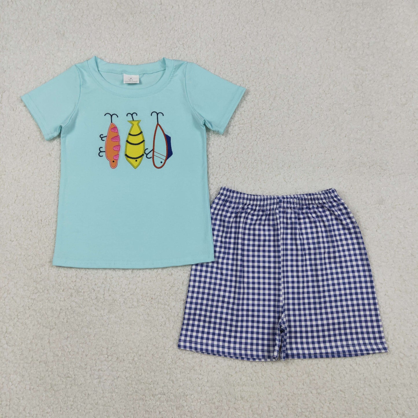 Baby Girls Short Sleeves Embroidery Fishing Shirt Plaid Ruffle Shorts Clothes Set