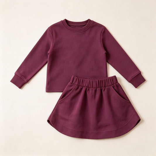 Moq 5 Preorder Baby Girls Kids Long Sleeves Purple Shirt Pockets Skirt Shorts Cotton Set Clothes