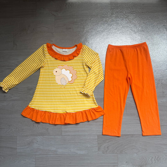 No moq Preorder Baby Girls Kids Embroidery turkey Stripes Tunic Orange Pants Set Fall Clothes