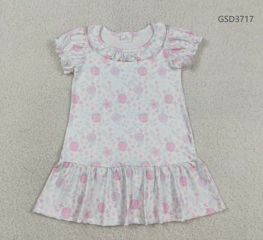 RTS Baby Girls Kids Short Sleeves Purple Pink Flower Ruffle Knee Length Dress