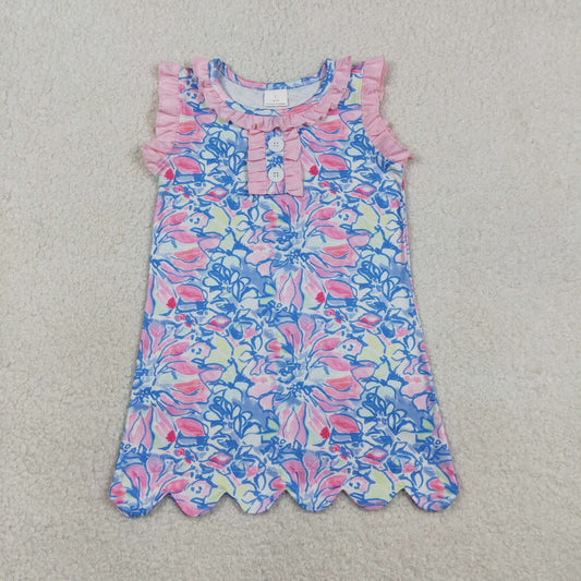 RTS Baby Girls Kids Flower Buttons Summer Ruffle Knee Length Dress
