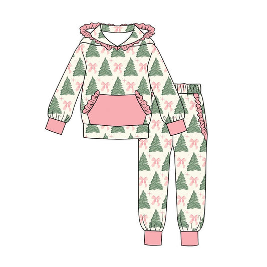 Moq 5 Preorder Baby Girls Kids Christmas Tree Bows Hoodie Pullover Ruffle Pockets Pants Set Clothes