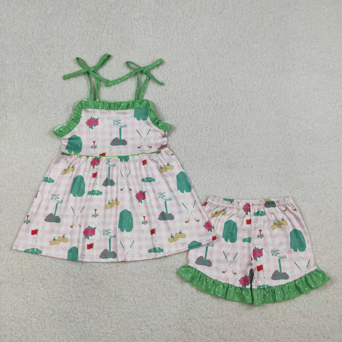 RTS Sibling Baby Girls Kids Sleeveless Golf Plaid Summer Bubble Romper Sets Clothes