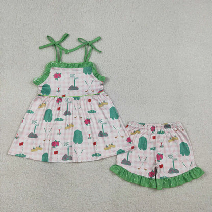 RTS Sibling Baby Girls Kids Straps Golf Plaid Summer Bubble Romper Set