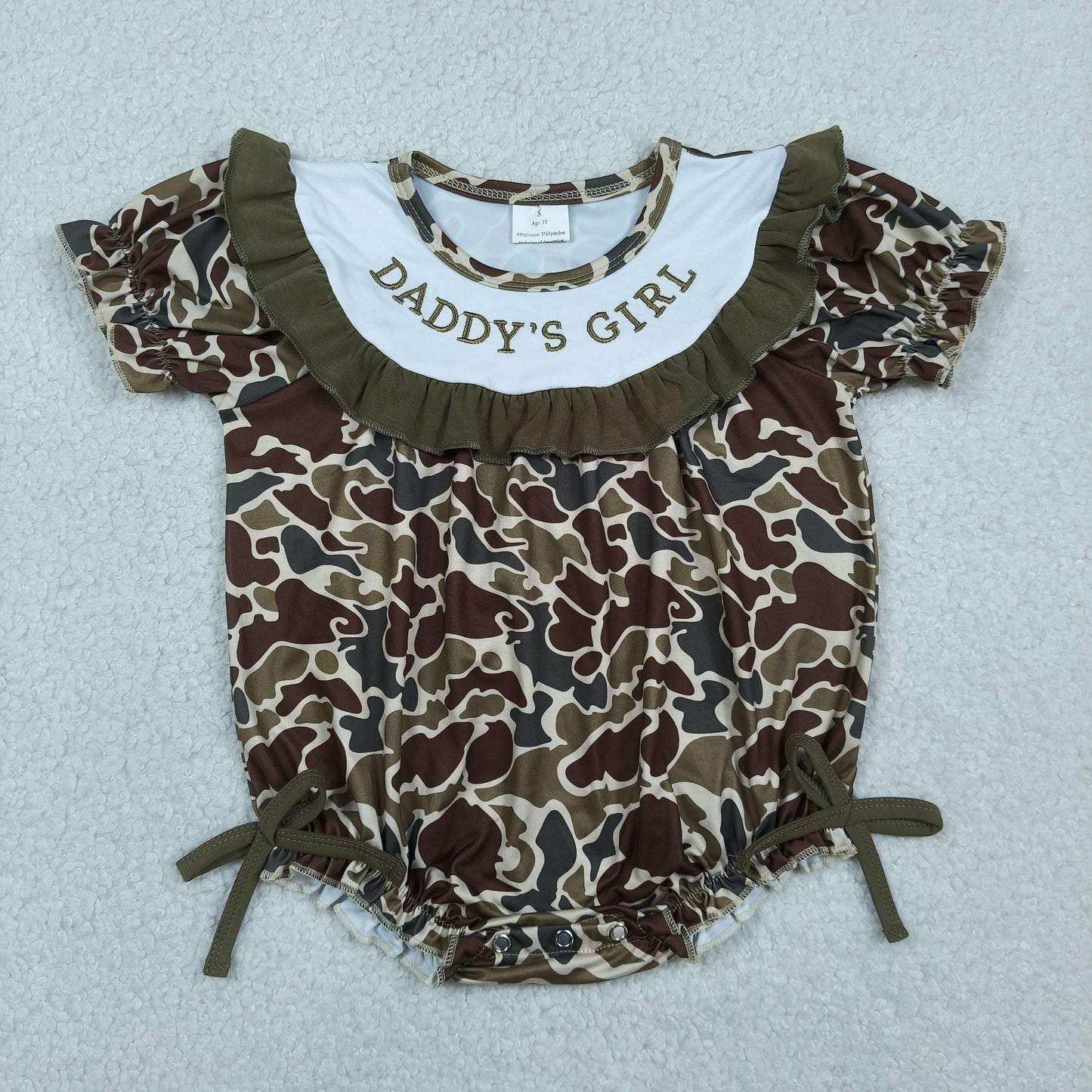 Baby Girls Infant Embroidery Daddy's Girl Dark Green Camo Bows Bubble Romper