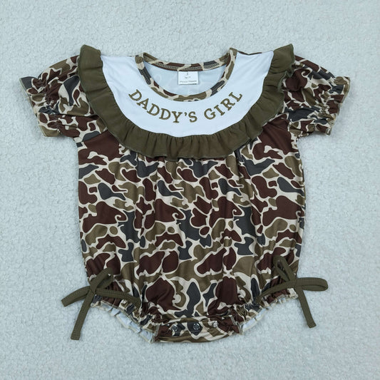 Baby Girls Infant Embroidery Daddy's Girl Dark Green Camo Bows Bubble Romper