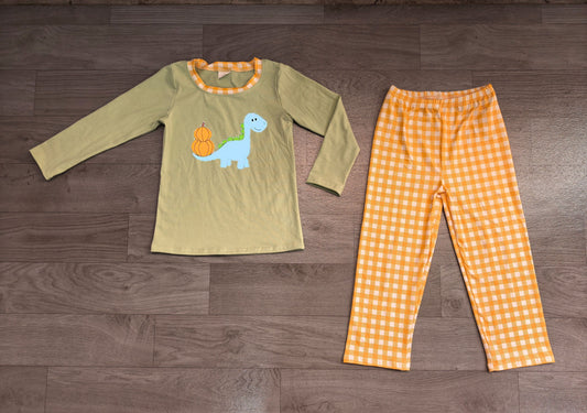No moq Preorder Baby Boy Kids Embroidery Pumpkins Dinosaur Shirt Plaid Pants Thanksgiving Set Clothes