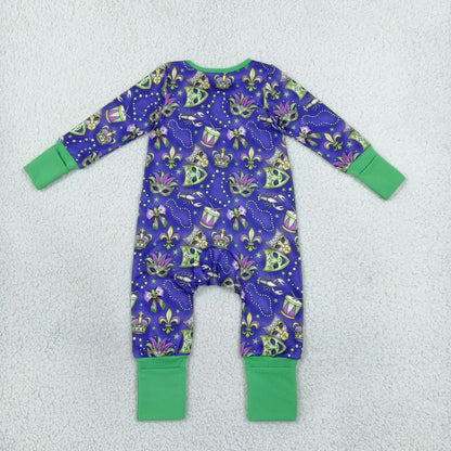 Baby Girls Kids Masks Bows Mardi Gras Zipper Footie Sleeper Romper Clothes