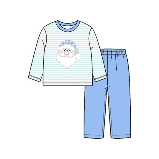 Moq 5 Preorder Baby Boy Kids Long Sleeves Christmas Santa Stripes Shirt Blue Pants Set Clothes