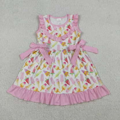 RTS Sibling Baby Girls Sleeveless Popsicles Pink Bows Summer Knee Length Dress Set