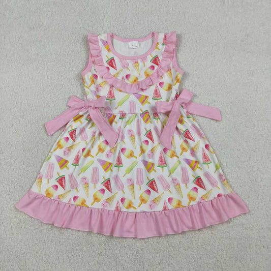 RTS Sibling Baby Girls Sleeveless Popsicles Pink Bows Summer Knee Length Dress Set