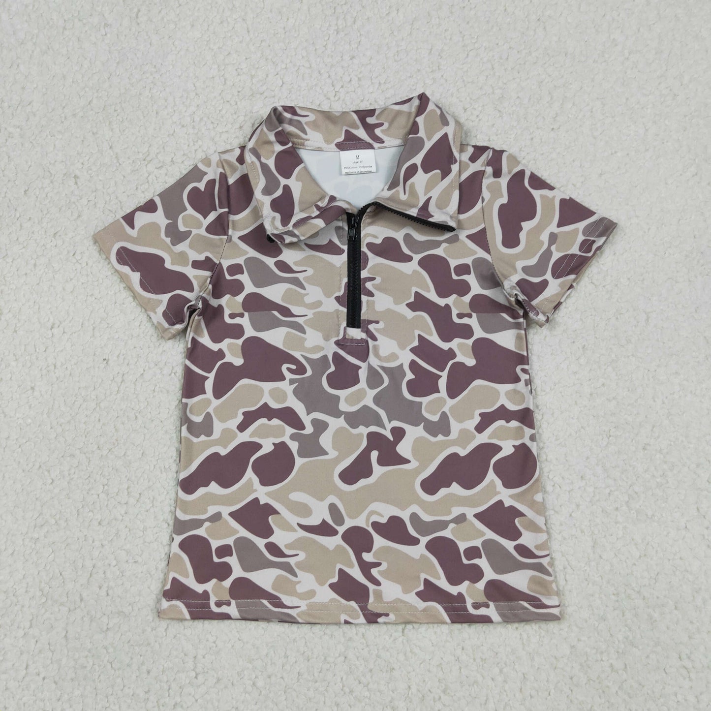 Baby Boys Kids Short Sleeves Dark Grey Camo Zipper Pullover Shirt Tops