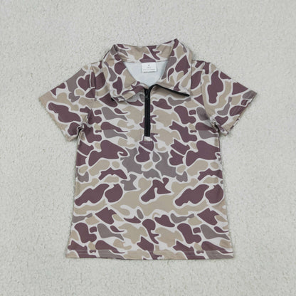 Baby Boys Kids Short Sleeves Dark Grey Camo Zipper Pullover Shirt Tops