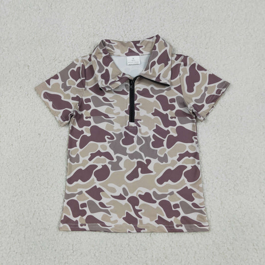 Baby Boys Kids Short Sleeves Dark Grey Camo Zipper Pullover Shirt Tops