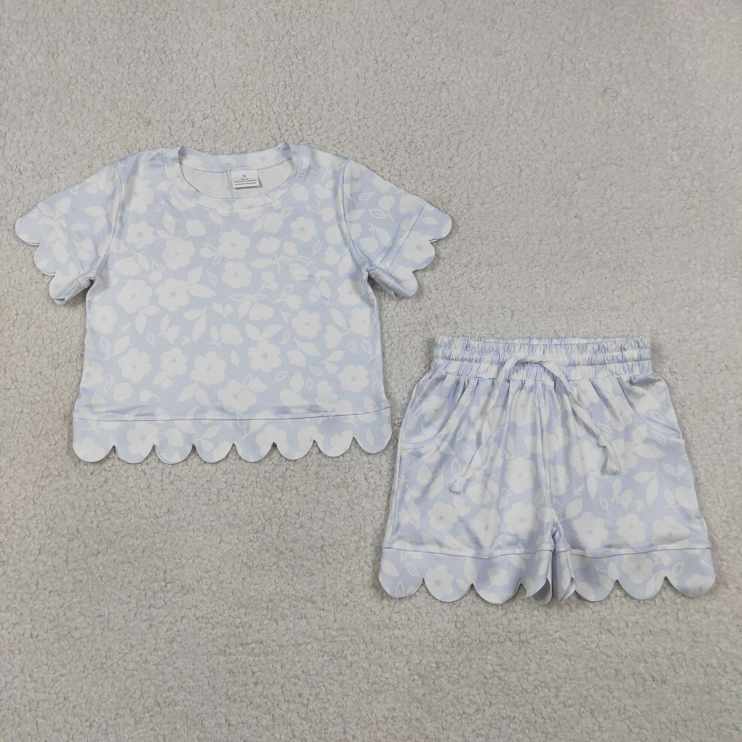 Baby Girls Kids Short Sleeves Flower Shirt Pockets Shorts Set Scallop Clothes RTS