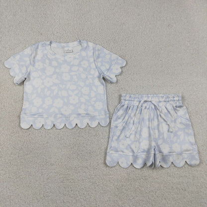 Baby Girls Kids Short Sleeves Flower Shirt Pockets Shorts Set Scallop Clothes RTS