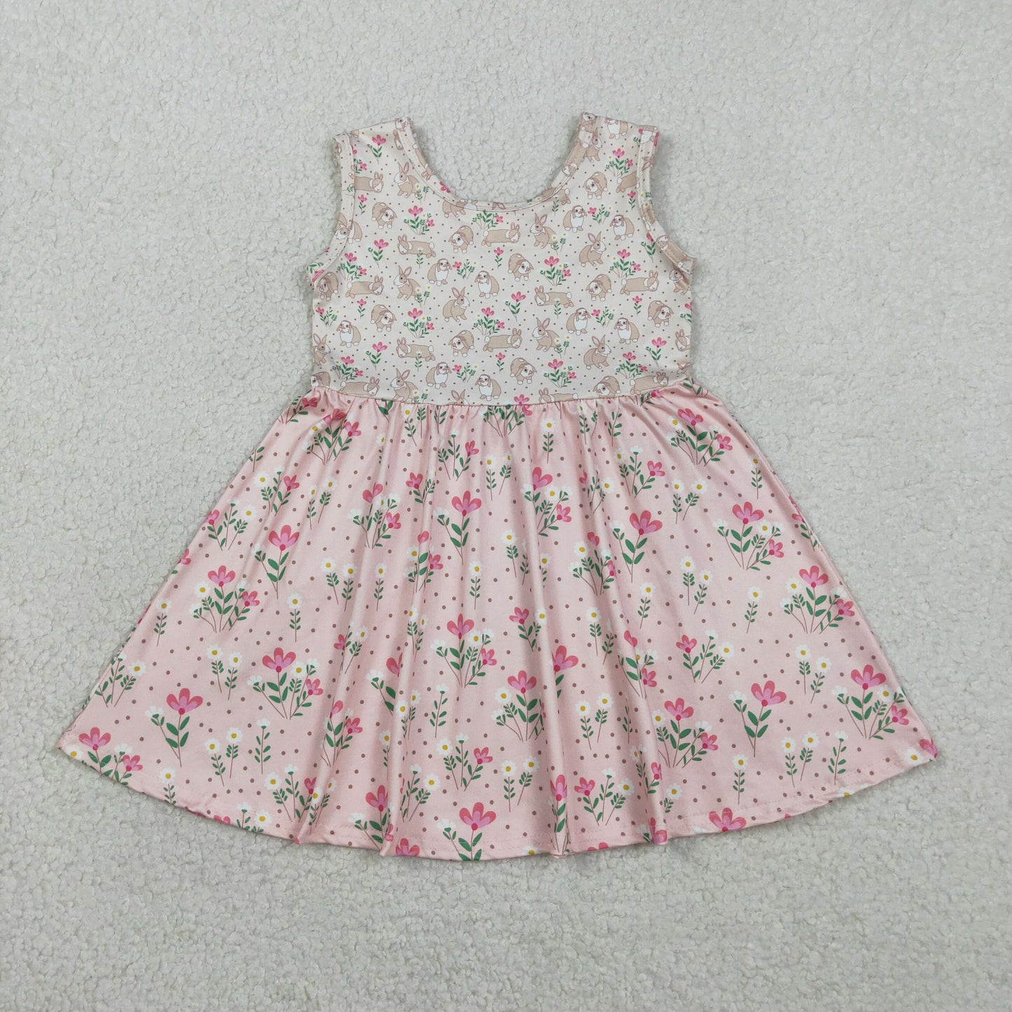 RTS Baby Girls Kids Sleeveless Rabbits Flower Easter Knee length Dress