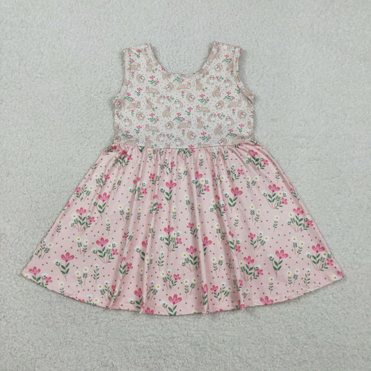 RTS Baby Girls Kids Sleeveless Rabbits Flower Easter Knee length Dress