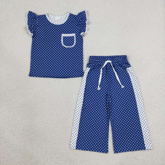 Baby Girls Kids Short Sleeves Dot‌s Tops Pockets Pants Blue Set Team Clothes