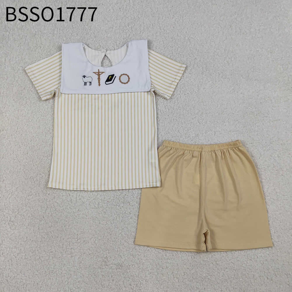 RTS Baby Boys Kids Short Sleeves Embroidery Cross Stripes Shirt Shorts Easter Set