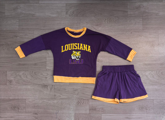 No moq Preorder Baby Girls Kids Long Sleeves Purple Shirt Shorts Tiger Cotton Set Team Clothes