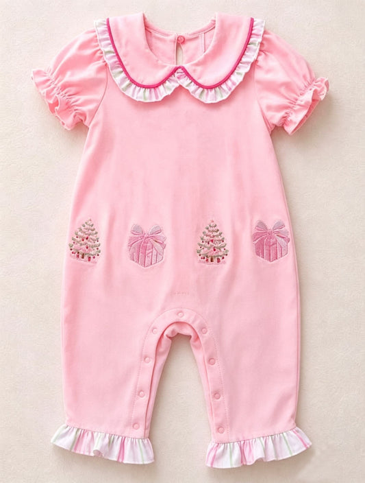 Moq 5 Preorder Baby Girls Infant Short Sleeves Christmas Tree Romper Pink Clothes
