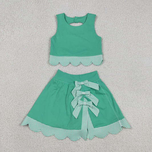 Baby Girls Sleeveless Green Tops Bows Skirt Shorts Yoga Clothes Scallop Set