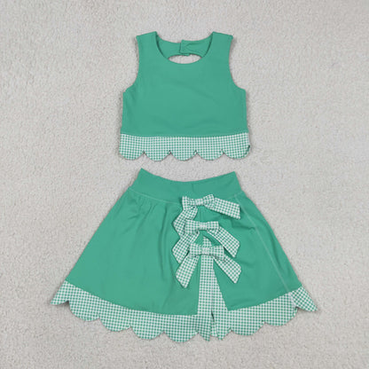 Sibling Baby Girls Kids Green Plaid Bows Skort Yoga Active Dress Set Scallop Clothes