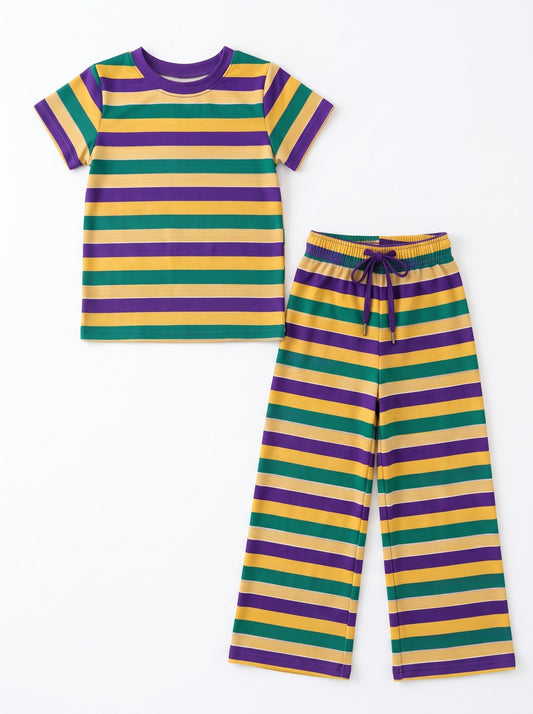 Moq 5 Preorder Baby Girls Kids Short Sleeves Stripes Shirt Pants Set Mardi Gras Clothes