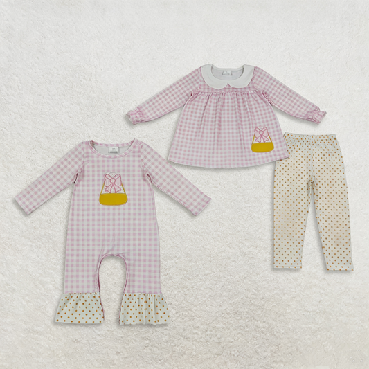 Sibling Baby Girls Kids Embroidery Halloween Bows Candy Pink Plaid Romper Set Halloween Clothes