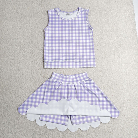 Baby Girls Kids Purple Plaid Shirt Scallop Skirt Shorts Yoga Active Set Clothes