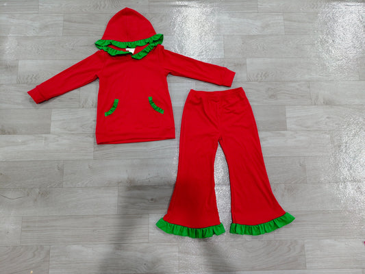No moq Preorder Baby Girls Kids Green Ruffle Hoodie Pocket Pullover Pants Red Set Cotton Clothes