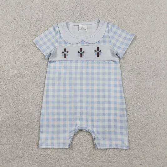 RTS Sibling Baby Boys Infant Embroidery Crosses Blue Plaid Easter Rompers