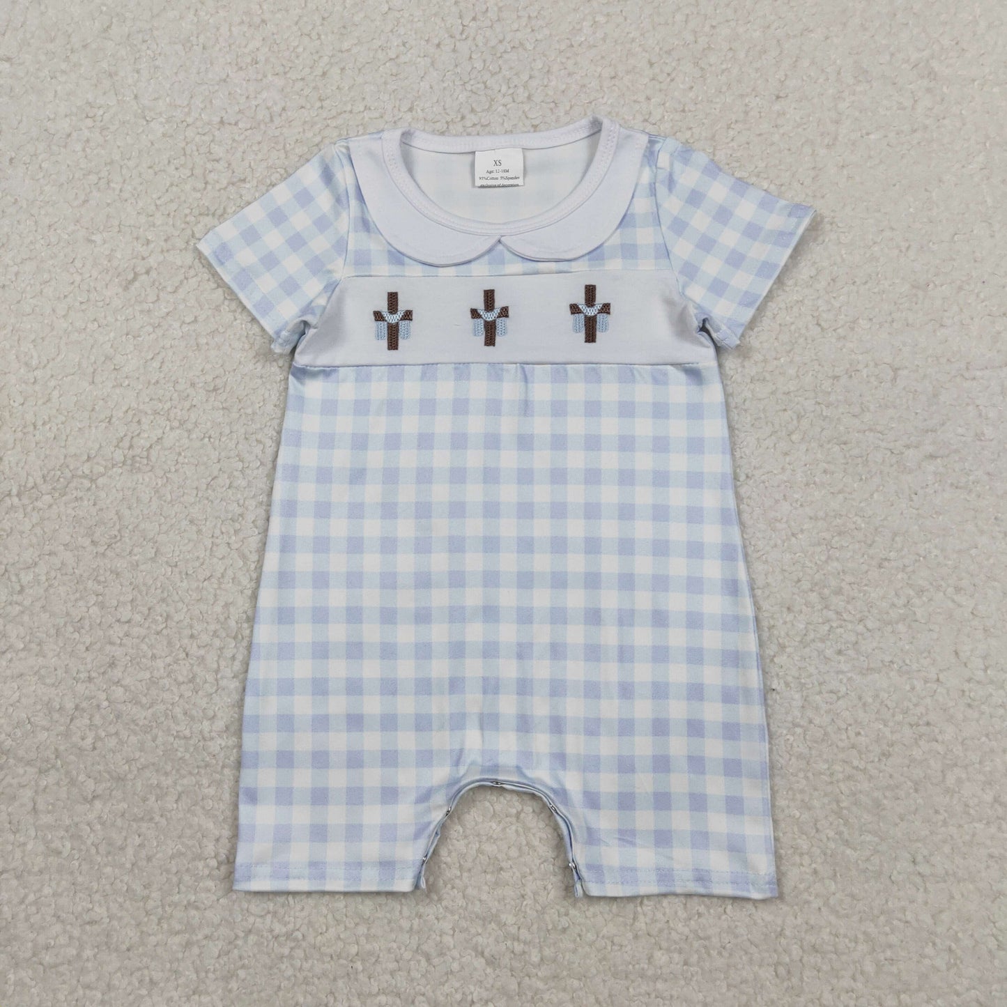 RTS Baby Girls Kids Short Sleeves Embroidery Crosses Plaid Easter Bubble Romper
