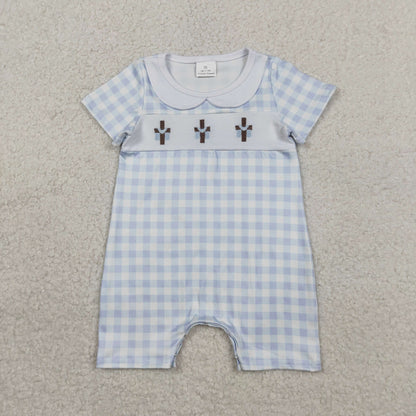 RTS Baby Girls Kids Short Sleeves Embroidery Crosses Plaid Easter Bubble Romper