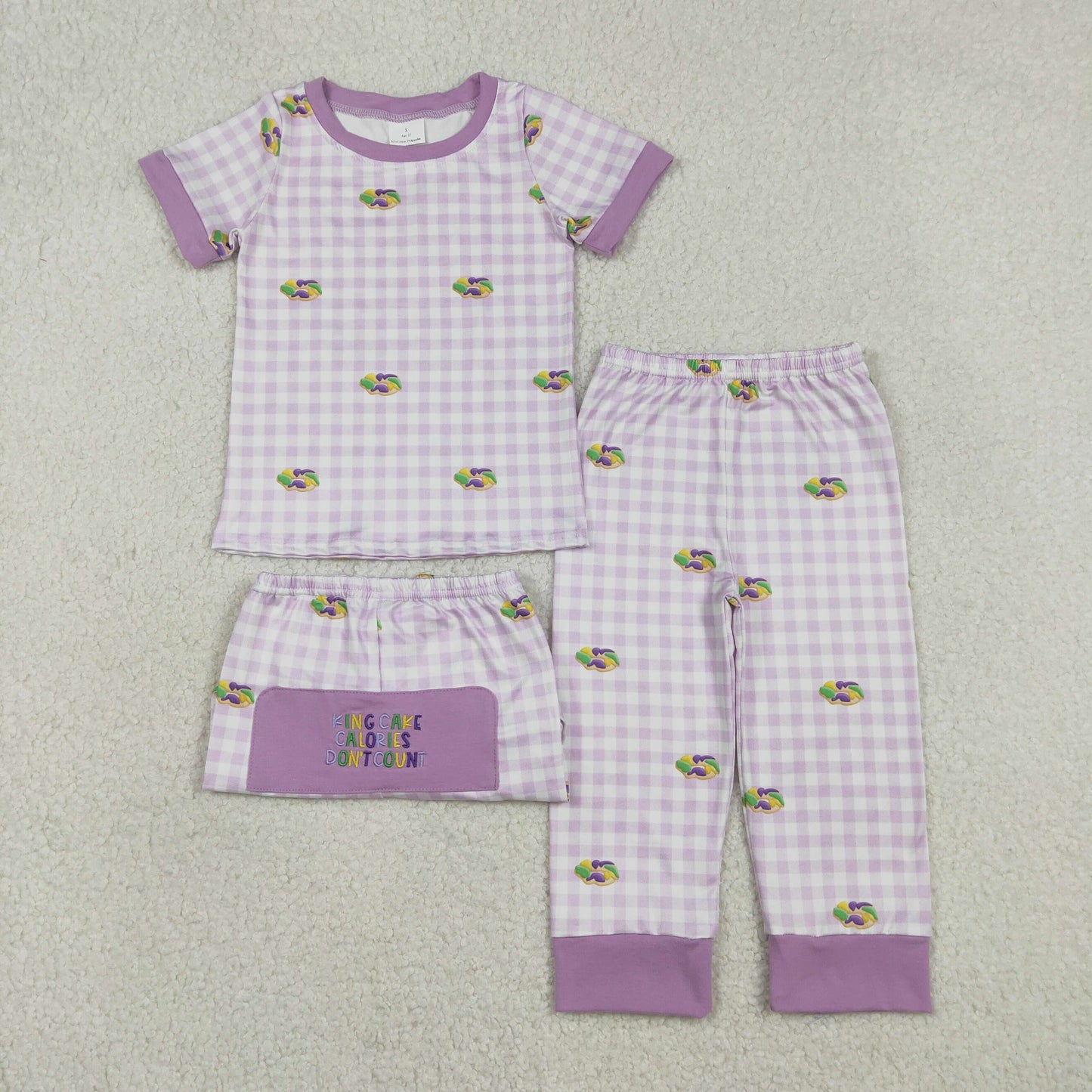 Baby Boys Donuts Shirt Purple Plaid Embroidery Pants Pajamas Mardi Gras Set