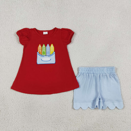 Baby Girls Kids Short Sleeves Pencil Red Shirt Scallop Shorts Back to School Set
