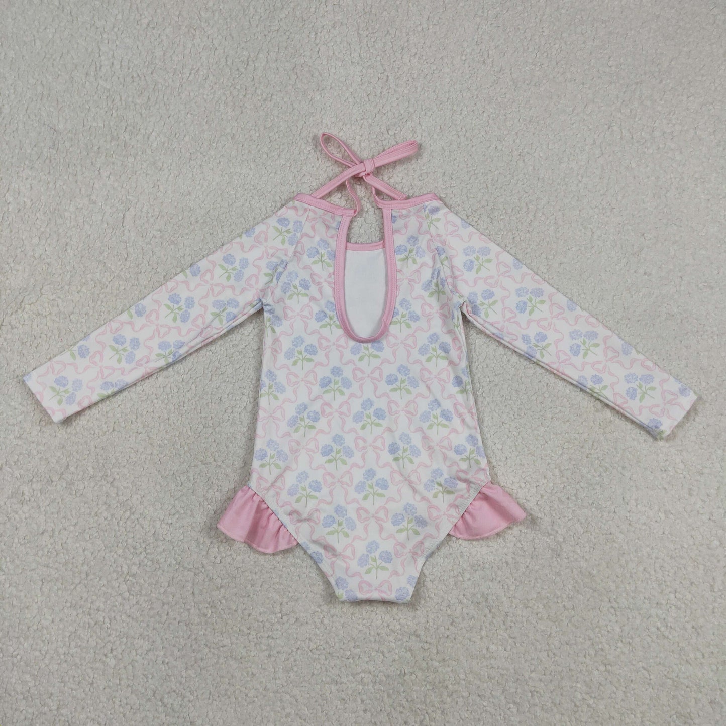 Baby Girls Kids Long Sleeves Bows Flower Pink Ruffle One-piece Swimsuit