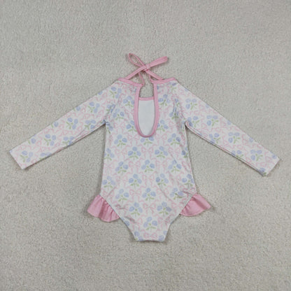 Baby Girls Kids Long Sleeves Bows Flower Pink Ruffle One-piece Swimsuit