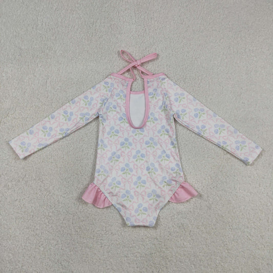 Baby Girls Kids Long Sleeves Bows Flower Pink Ruffle One-piece Swimsuit