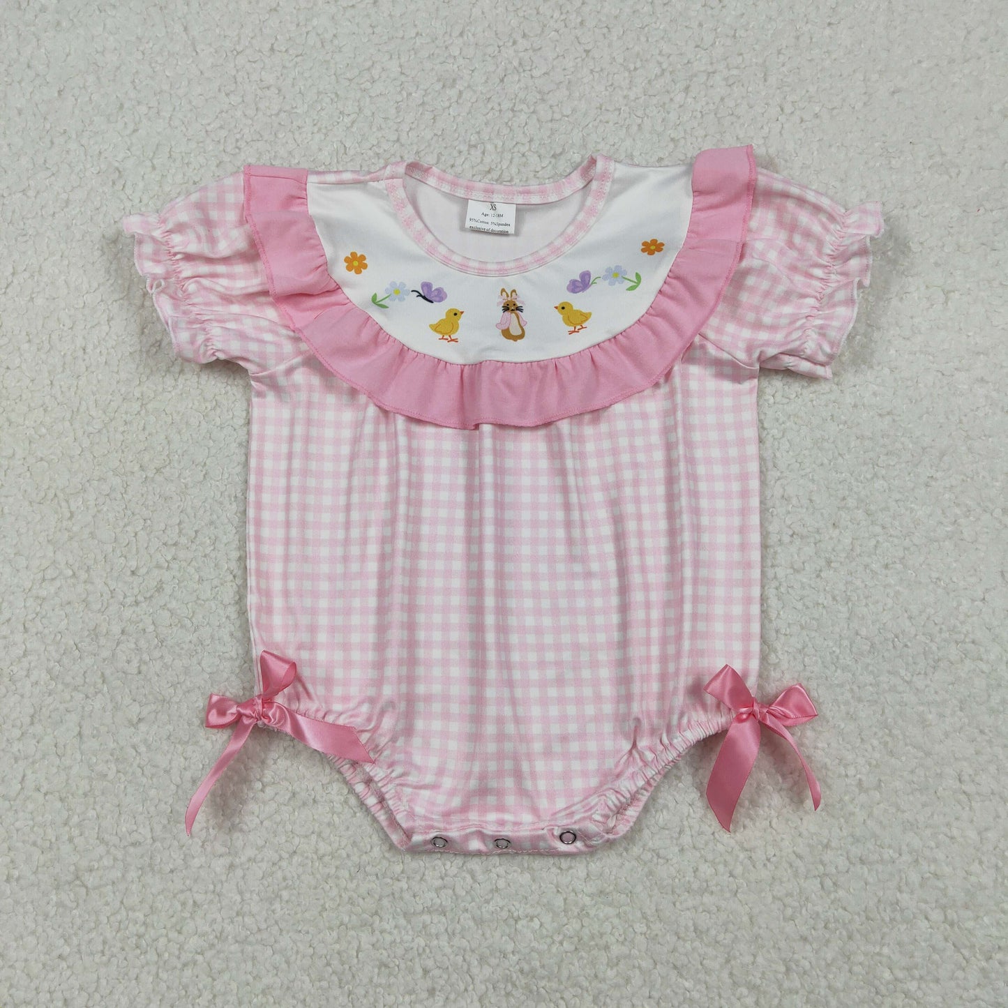 Baby Girls Infant Short Sleeves Chicks Rabbit Flower Pink Plaid Easter Romper