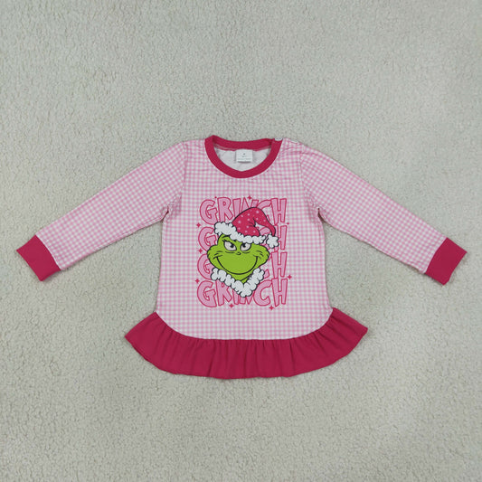 Baby Girl Long Sleeves Green Face Christmas Pink Plaid Ruffle Shirt