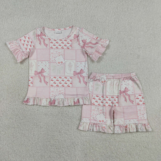 Baby Girls Kids Short Sleeves Bows Plaid Shirt Shorts Summer Clothes Set