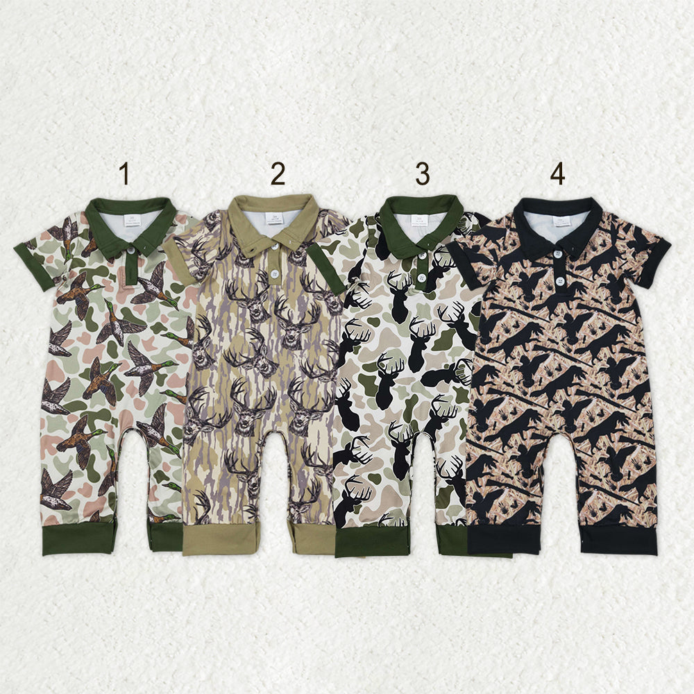 RTS Sibling Baby Boys Short Sleeves Deer Dogs Ducks Camo Hunting Buttons Rompers Clothes