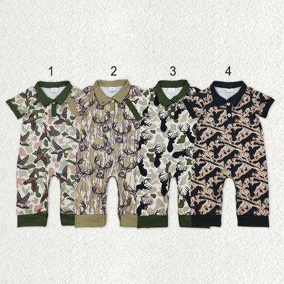 RTS Sibling Baby Boys Short Sleeves Deer Dogs Ducks Camo Hunting Buttons Rompers Clothes