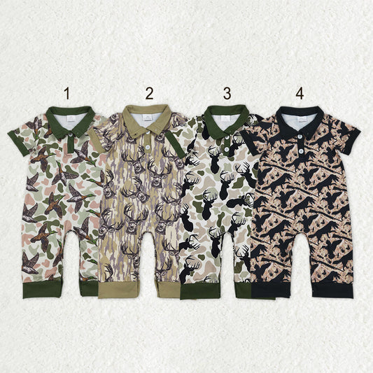 RTS Sibling Baby Boys Short Sleeves Deer Dogs Ducks Camo Hunting Buttons Rompers Clothes