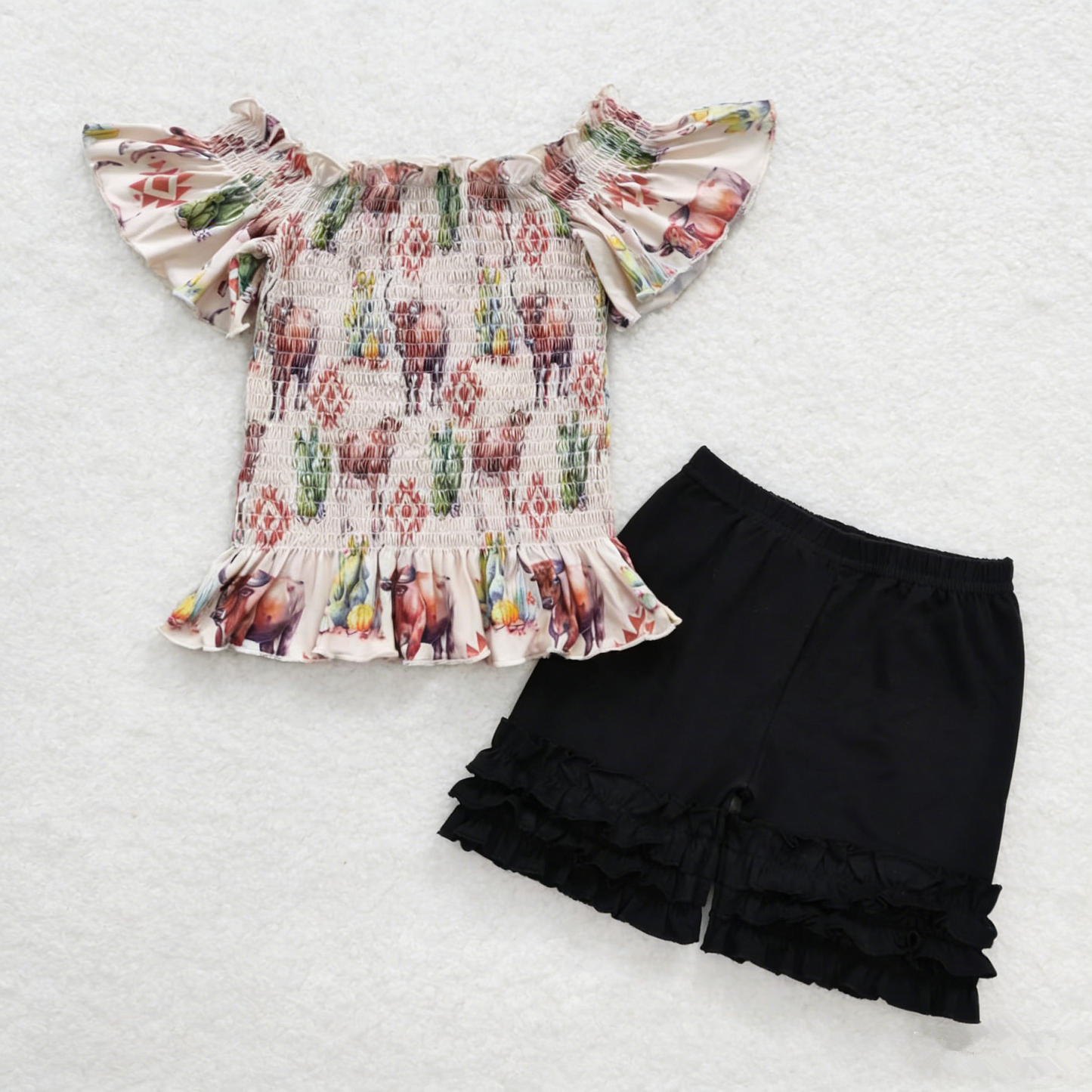 RTS Baby Girl Kids Short Sleeves Cow Cactus Tops Black Shorts Set Western Clothes