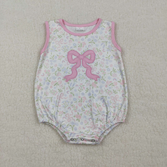 RTS Baby Girls Kids Sleeveless Embroidery Bow Floral Bubble Romper