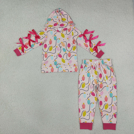 Baby Girls Kids Christmas Lights Hoodie Bows Pullover Pockets Pants Set Clothes